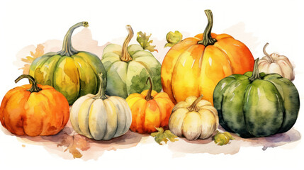 Watercolor painting of a pumpkins in chartreuse color tone.