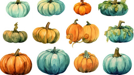Watercolor painting of a pumpkins in turquoise color tone.