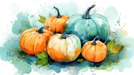 Watercolor painting of a pumpkins in aqua color tone.