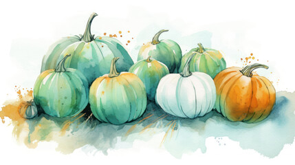Watercolor painting of a pumpkins in turquoise color tone. - obrazy, fototapety, plakaty