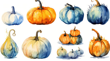 Watercolor painting of a pumpkins in azure color tone.