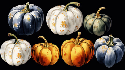 Watercolor painting of a pumpkins in dark white color tone.
