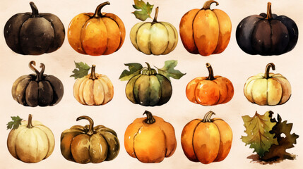 Watercolor painting of a pumpkins in dark brown color tone.
