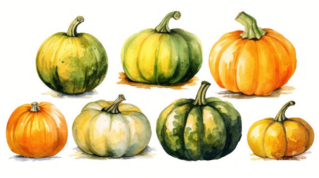 Watercolor painting of a pumpkins in chartreuse color tone.