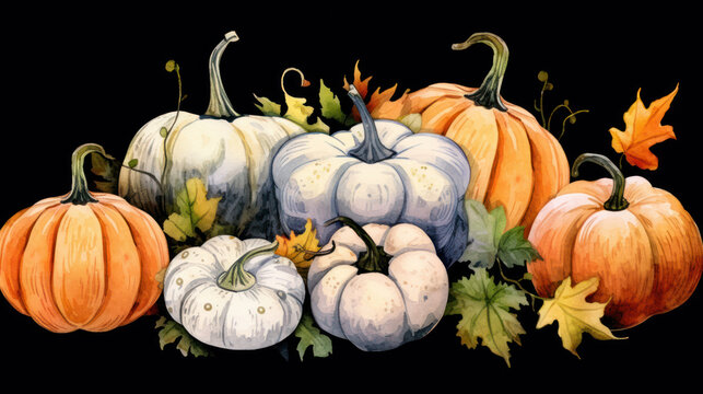 Watercolor painting of a pumpkins in dark white color tone.