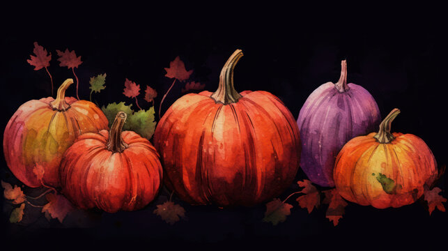 Watercolor painting of a pumpkins in dark red color tone.