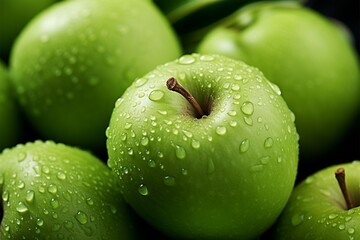 Up close, a glistening green apple with delicate dew droplets