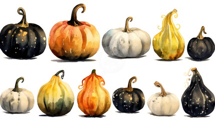 Watercolor painting of a pumpkins in light black color tone.