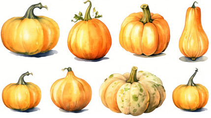 Watercolor painting of a pumpkins in light orange color tone.