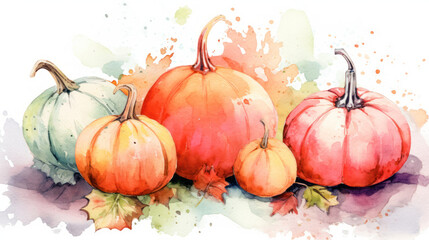 Watercolor painting of a pumpkins in light red color tone.