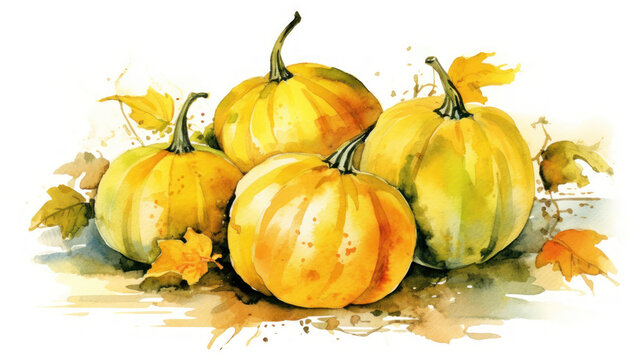Watercolor painting of a pumpkins in light yellow color tone.