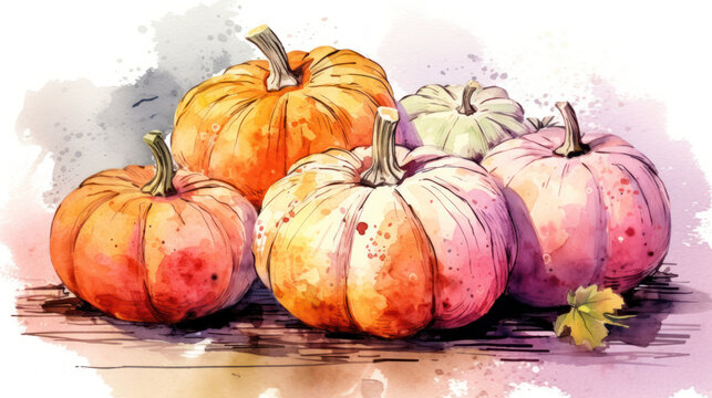 Watercolor painting of a pumpkins in light maroon color tone.