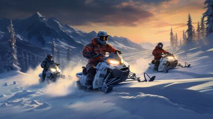 Rider on the snowmobile in the mountains ski resort - obrazy, fototapety, plakaty