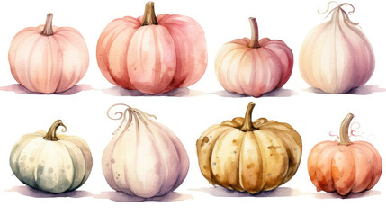 Watercolor painting of a pumpkins in light pink color tone.
