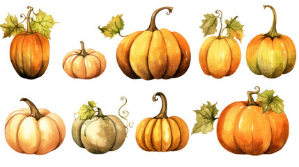Watercolor painting of a pumpkins in vivid brown color tone.