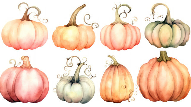 Watercolor painting of a pumpkins in light pink color tone.