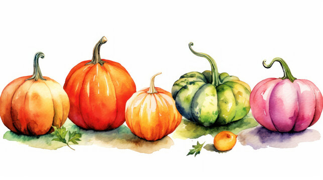 Watercolor painting of a pumpkins in vivid red color tone.