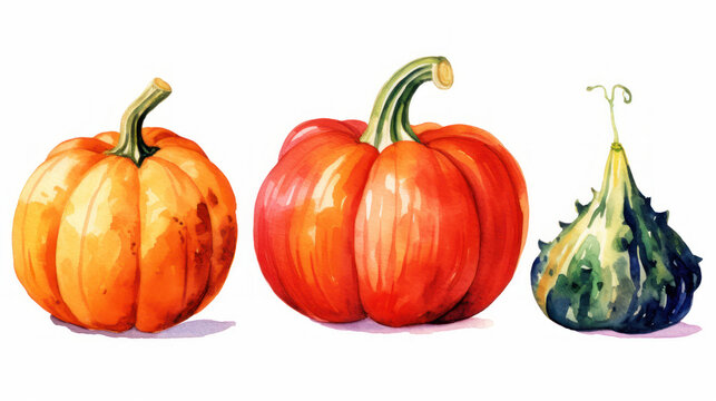 Watercolor painting of a pumpkins in vivid red color tone.