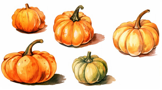 Watercolor painting of a pumpkins in vivid orange color tone.