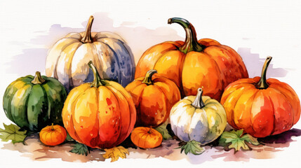 Watercolor painting of a pumpkins in colorful color tone.