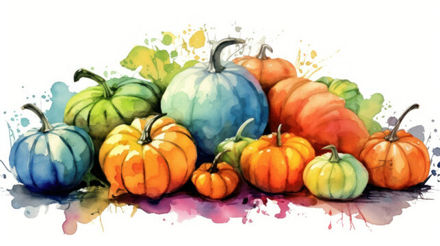 Watercolor painting of a pumpkins in colorful color tone.