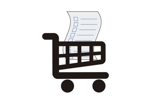 Icono de la lista de la compra. Carro del supermercado con la lista de la compra en su interior. Compra inteligente