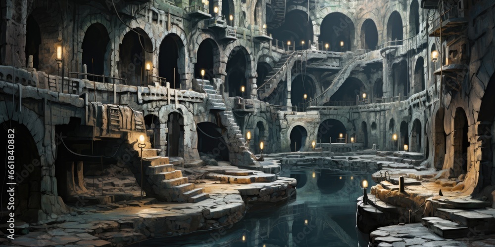 Poster a large building with a pool in the middle of it. ai.