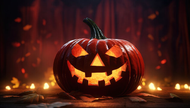 Jack o lantern and glowing lights background banner design in spooky atmosphere