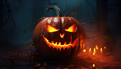 Jack o lantern and glowing lights background banner in spooky atmosphere