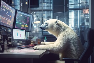 Polar bear trader. Monitors with stock and business charts