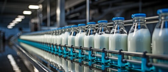 automated manufacturing line at a contemporary dairy plant,.