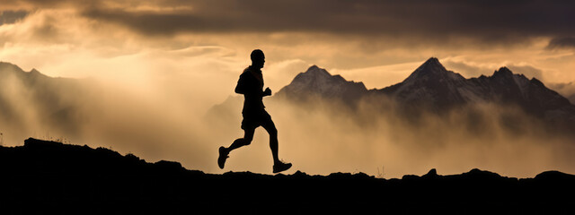 Trail runner nature landscape running man silhouette on mountains background in cold weather with clouds at sunset. Amazing scenic view of peaks in altitude. - obrazy, fototapety, plakaty