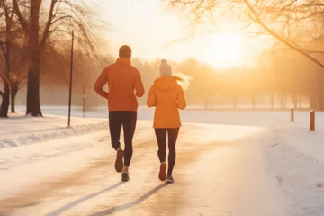 Foto op Plexiglas Couple in winter running together in nature © GustavsMD