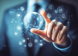 Businessman using communication hologram generative AI illustration art