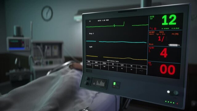 Medical system detects no heart rhythm from the sick person at the lab. Medical system detects the quick revival of the patients heart at a lab. Monitoring the patient heart at the medical laboratory.