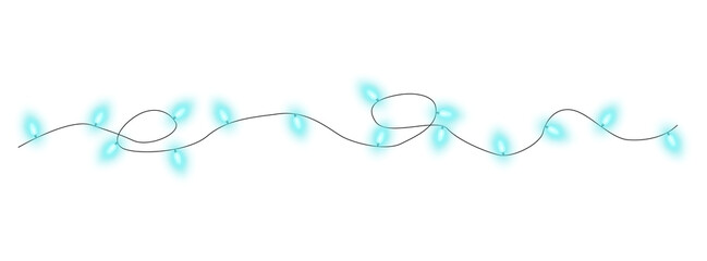 Blue-green christmas glowing garland. Christmas lights. Colorful Christmas garland. The light bulbs on the wires are insulated. PNG.