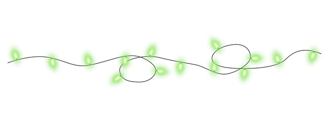 Green christmas glowing garland. Christmas lights. Colorful Christmas garland. The light bulbs on the wires are insulated. PNG.
