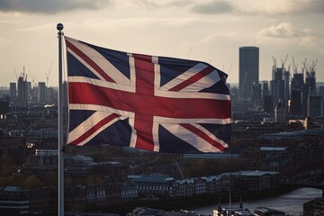 The waving flag of Great Britain against the background of London. Independence Day