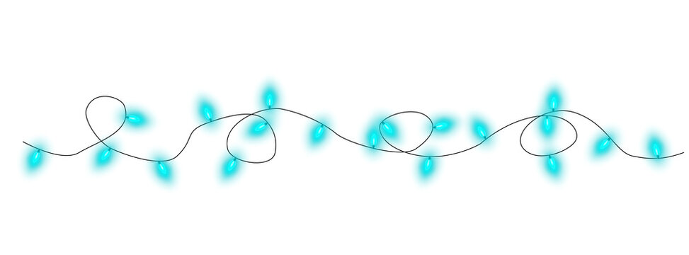 Light blue christmas glowing garland. Christmas lights. Colorful Christmas garland. The light bulbs on the wires are insulated. PNG.