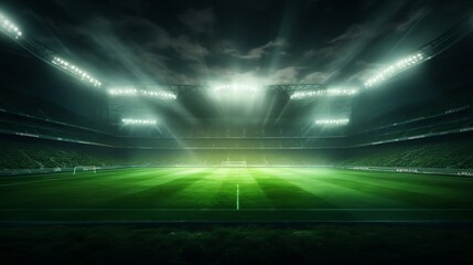A vibrant soccer stadium at night, illuminated by bright lights and showcasing the lush green field