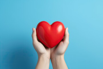 hands holding a red heartshaped object on blue background