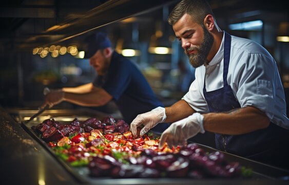 In the interior of a contemporary commercial kitchen, busy cooks are preparing beef steak..