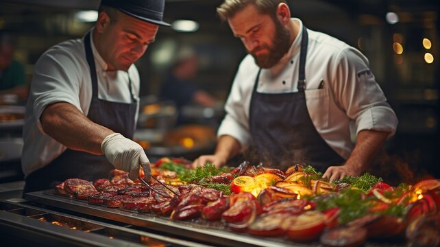 In the interior of a contemporary commercial kitchen, busy cooks are preparing beef steak..