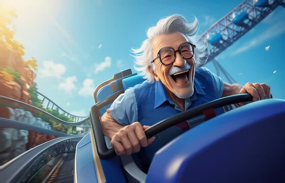 Old man rides a roller coaster