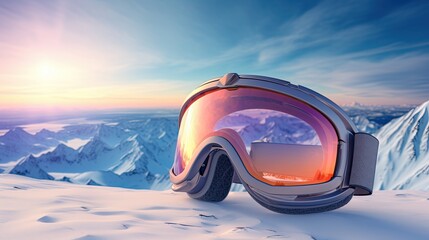 goggles sitting on top of mountain with background - obrazy, fototapety, plakaty