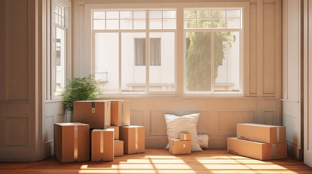 boxes of moving supplies around a window
