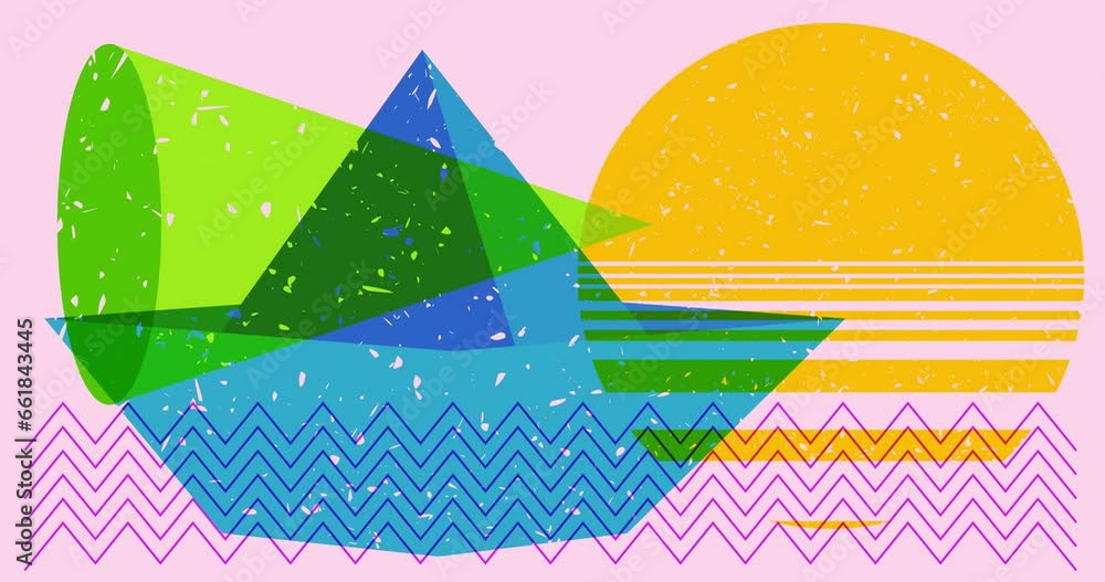Poster risograph paper ship with geometric shapes animation. nautical moving object in trendy riso graph de