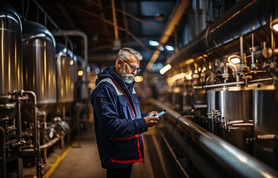 A factory worker using a tablet computer to inspect a manufacturing line with reservoirs or tanks at a brewery plant.