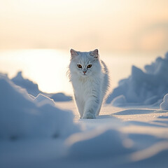 white kitten walking in the snow - obrazy, fototapety, plakaty