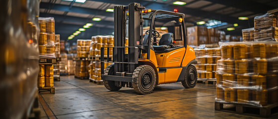 Working a forklift in a brewery warehouse that houses commercial spaces used to store beer kegs. Logistics concepts.